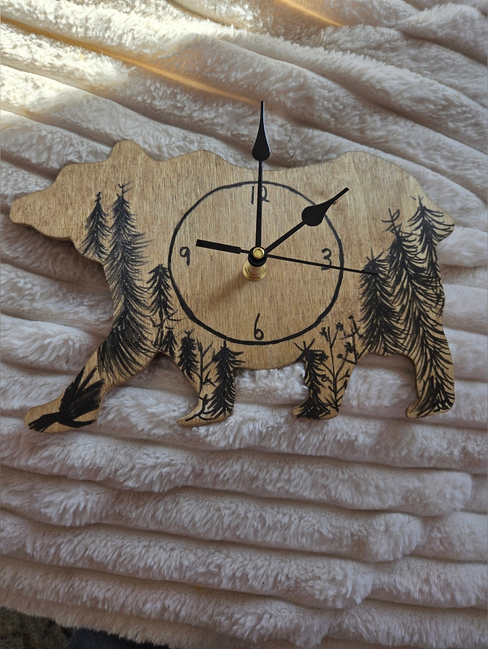 Handcrafted Bear Wood Wall Clock in Natural Wood and Black